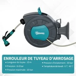 Outsunny Dévidoir Mural Enrouleur Automatique Pivotant 180° Tuyau 15 + 1,4 M Avec Lance Arrosage Support Mural Intégré Turquoise Gris - Turquoise -Outsunny Soldes Magasin 28242723 5
