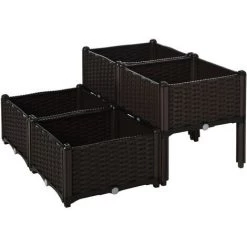 Outsunny Jardinière Sur Pieds Carré Potager 2 étages Dim. 80L X 80l X 44H Cm Insert D'irrigation Plastique Imitation Rotin Tressé Chocolat