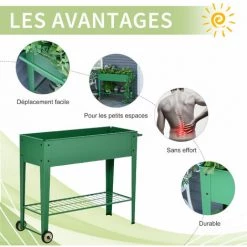 Outsunny Jardinière Sur Pieds Potager Dim. 104L X 39l X 80H Cm étagère 2 Roues + Insert D'irrigation Métal Vert -Outsunny Soldes Magasin 28443744 5