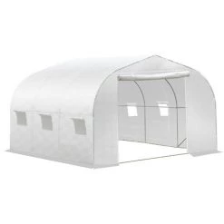Outsunny Serre Tunnel De Jardin Dim. 3,5L X 3l X 2H M Porte + 6 Fenêtres Enroulables Acier Galvanisé Bâche PE Haute Densité Blanc - Blanc