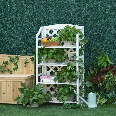 Outsunny Étagère à Fleurs Pliable - 4 étagères à Lattes Réglables - Pan Arrière Treillis - Bois Sapin Blanc 4 Outsunny Étagère à Fleurs Pliable - 4 étagères à Lattes Réglables - Pan Arrière Treillis - Bois Sapin Blanc – Image 2