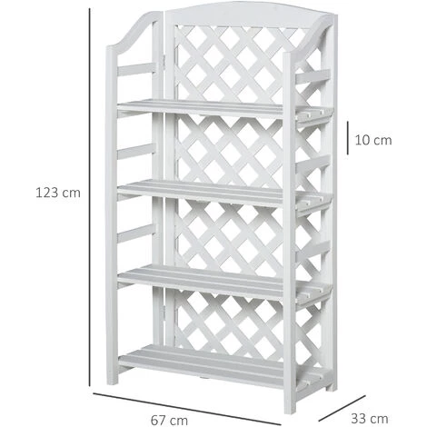 Outsunny Étagère à Fleurs Pliable - 4 étagères à Lattes Réglables - Pan Arrière Treillis - Bois Sapin Blanc 5 Outsunny Étagère à Fleurs Pliable - 4 étagères à Lattes Réglables - Pan Arrière Treillis - Bois Sapin Blanc – Image 3