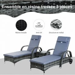 Outsunny Lot De 2 Transats Bains De Soleil Grand Confort : Matelas, Têtière, Inclinaison Réglable Multipositions, Accoudoirs, Roulettes + Table Basse Verre Trempé Résine Tressée Gris - Gris 10 Outsunny Lot De 2 Transats Bains De Soleil Grand Confort : Matelas, Têtière, Inclinaison Réglable Multipositions, Accoudoirs, Roulettes + Table Basse Verre Trempé Résine Tressée Gris - Gris -Outsunny Soldes Magasin 28998824 4