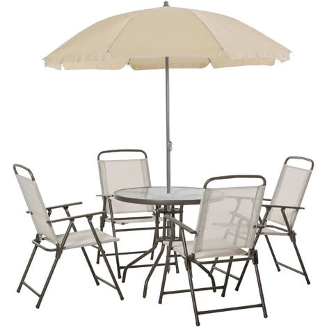 Outsunny Ensemble Salon De Jardin 6 Pcs - Table Ronde + 4 Chaises Pliables + Parasol - Acier époxy Café Textilène Polyester Beige 3 Outsunny Ensemble Salon De Jardin 6 Pcs - Table Ronde + 4 Chaises Pliables + Parasol - Acier époxy Café Textilène Polyester Beige