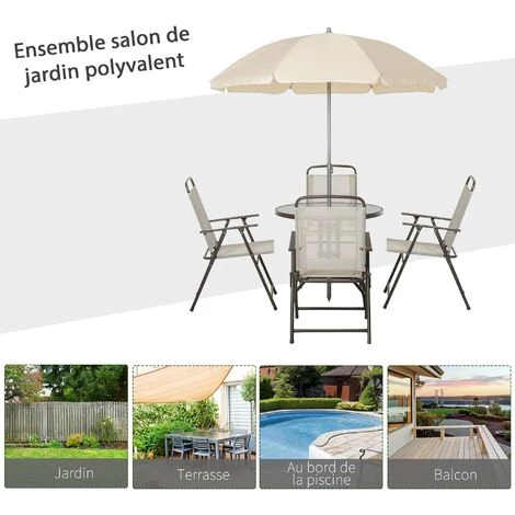 Outsunny Ensemble Salon De Jardin 6 Pcs - Table Ronde + 4 Chaises Pliables + Parasol - Acier époxy Café Textilène Polyester Beige 6 Outsunny Ensemble Salon De Jardin 6 Pcs - Table Ronde + 4 Chaises Pliables + Parasol - Acier époxy Café Textilène Polyester Beige – Image 4