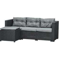 Outsunny Ensemble Salon De Jardin 2 Pièces Canapé 3 Places + Pouf 7 Coussins Déhoussables Inclus PP Imitation Rotin Tressé Gris