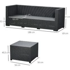 Outsunny Ensemble Salon De Jardin 2 Pièces Canapé 3 Places + Pouf 7 Coussins Déhoussables Inclus PP Imitation Rotin Tressé Gris -Outsunny Soldes Magasin 29092386 3