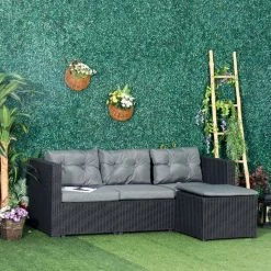Outsunny Ensemble Salon De Jardin 2 Pièces Canapé 3 Places + Pouf 7 Coussins Déhoussables Inclus PP Imitation Rotin Tressé Gris -Outsunny Soldes Magasin 29092386 4
