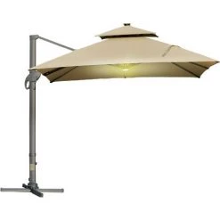 Outsunny Parasol Déporté LED Carré Double Toit Inclinable Pivotant 360° Manivelle Piètement Acier Dim. 3L X 3l X 2,66H M Beige