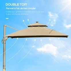 Outsunny Parasol Déporté LED Carré Double Toit Inclinable Pivotant 360° Manivelle Piètement Acier Dim. 3L X 3l X 2,66H M Beige -Outsunny Soldes Magasin 29295962 4