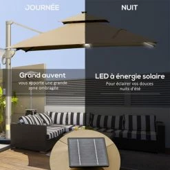 Outsunny Parasol Déporté LED Carré Double Toit Inclinable Pivotant 360° Manivelle Piètement Acier Dim. 3L X 3l X 2,66H M Beige -Outsunny Soldes Magasin 29295962 5
