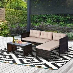 Outsunny Ensemble Salon De Jardin 2 Pièces Canapé D'angle 4 Places + Table Basse Plateau Verre Trempé + 5 Coussins Résine Tressée Brun -Outsunny Soldes Magasin 29361116 2