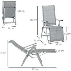 Outsunny Chaise Longue Pliable Dossier & Repose-pied Réglable Multi-positions Métal époxy Textilène Gris -Outsunny Soldes Magasin 29361147 3