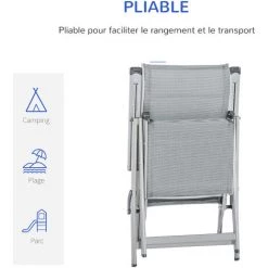 Outsunny Chaise Longue Pliable Dossier & Repose-pied Réglable Multi-positions Métal époxy Textilène Gris -Outsunny Soldes Magasin 29361147 4