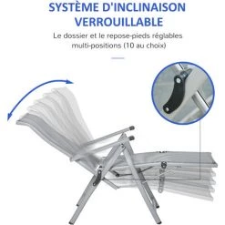 Outsunny Chaise Longue Pliable Dossier & Repose-pied Réglable Multi-positions Métal époxy Textilène Gris -Outsunny Soldes Magasin 29361147 5