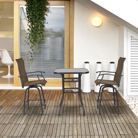 Outsunny Ensemble Salon De Jardin Bar 3 Pièces 2 Tabourets Pivotants + 1 Table Bistro Plateau Verre Trempé Acier Textilène Marron - Marron 4 Outsunny Ensemble Salon De Jardin Bar 3 Pièces 2 Tabourets Pivotants + 1 Table Bistro Plateau Verre Trempé Acier Textilène Marron - Marron – Image 2
