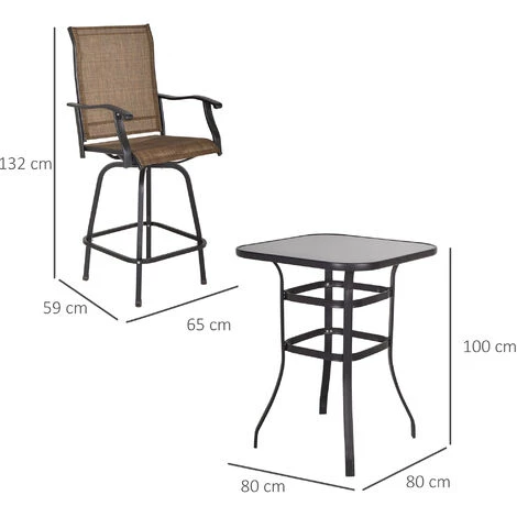 Outsunny Ensemble Salon De Jardin Bar 3 Pièces 2 Tabourets Pivotants + 1 Table Bistro Plateau Verre Trempé Acier Textilène Marron - Marron 5 Outsunny Ensemble Salon De Jardin Bar 3 Pièces 2 Tabourets Pivotants + 1 Table Bistro Plateau Verre Trempé Acier Textilène Marron - Marron – Image 3