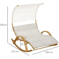 Outsunny Bain De Soleil Transat Design à Bascule 2 Pers. Tétière & Pare-soleil Inclus Bois Pin Pré-huilé Textilène Crème Chiné -Outsunny Soldes Magasin 29647614 3