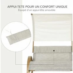 Outsunny Bain De Soleil Transat Design à Bascule 2 Pers. Tétière & Pare-soleil Inclus Bois Pin Pré-huilé Textilène Crème Chiné -Outsunny Soldes Magasin 29647614 5