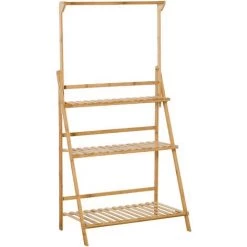 Outsunny Étagère échelle à Fleurs En Bois De Bambou - Porte Plante Bois 3 étagères + Barre Support Pour Pots Suspendus