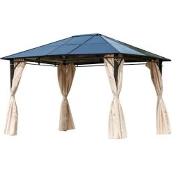 Outsunny Pavillon De Jardin Tonnelle Rigide Dim. 3,65L X 3l X 2,7H M Rideaux Latéraux Anti-UV Beige Acier Noir Polycarbonate - Beige