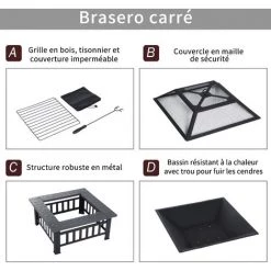 Outsunny Brasero Cheminée Foyer Extérieur Dim 86L X 86l X 54H Cm Grille à Charbon Couvercle Tisonnier Métal Noir -Outsunny Soldes Magasin 30016482 5