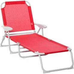 Outsunny Bain De Soleil Pliable - Transat Inclinable 4 Positions - Chaise Longue Grand Confort Avec Accoudoirs - Métal époxy Textilène - Dim. 160L X 66l X 80H Cm - Rouge
