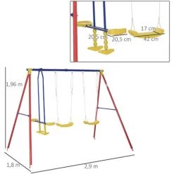 Outsunny Balançoire 3 Agrès Portique Avec 2 Balançoires Et Face à Face Dim. 2,9L X 1,8l X 1,96H M Métal époxy Anticorrosion PE Rouge Bleu Jaune - Rouge -Outsunny Soldes Magasin 30202090 3