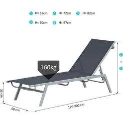Outsunny Bain De Soleil Transat - Chaise Longue - Design Contemporain - Dossier Inclinable Multi-positions - Métal époxy Textilène Noir - Dim. 170 X 58 X 97 Cm -Outsunny Soldes Magasin 30391088 3