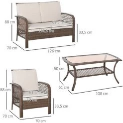 Outsunny Salon De Jardin 4 Places 4 Pièces Style Colonial Table Basse Coussins Beige Inclus Résine Tressée Marron Clair - Marron -Outsunny Soldes Magasin 30633031 3