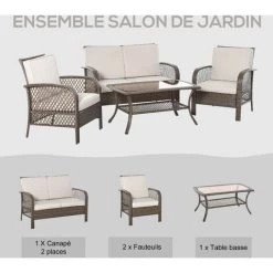 Outsunny Salon De Jardin 4 Places 4 Pièces Style Colonial Table Basse Coussins Beige Inclus Résine Tressée Marron Clair - Marron -Outsunny Soldes Magasin 30633031 5