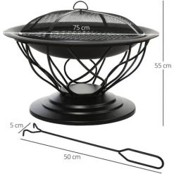 Outsunny Brasero Boule De Feu Cheminée Foyer Extérieur Ø 75 X 55H Cm Grille à Charbon + Cuisson Couvercle Tisonnier Métal Noir - Noir -Outsunny Soldes Magasin 31121002 3