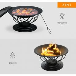 Outsunny Brasero Boule De Feu Cheminée Foyer Extérieur Ø 75 X 55H Cm Grille à Charbon + Cuisson Couvercle Tisonnier Métal Noir - Noir -Outsunny Soldes Magasin 31121002 4