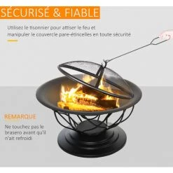 Outsunny Brasero Boule De Feu Cheminée Foyer Extérieur Ø 75 X 55H Cm Grille à Charbon + Cuisson Couvercle Tisonnier Métal Noir - Noir -Outsunny Soldes Magasin 31121002 5