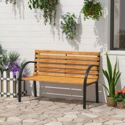 Outsunny Banc De Jardin 2 Places Style Rural Chic Assise Dossier à Lattes Bois Naturel Lasuré Châssis Acier époxy Noir - Marron -Outsunny Soldes Magasin 31121006 2