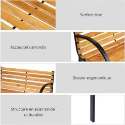 Outsunny Banc De Jardin 2 Places Style Rural Chic Assise Dossier à Lattes Bois Naturel Lasuré Châssis Acier époxy Noir - Marron -Outsunny Soldes Magasin 31121006 5