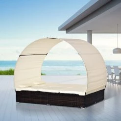 Outsunny Lit De Jardin Modulable Bain De Soleil 2 Places Grand Confort Pare-soleil Amovible Matelas Tétière Crème Résine Tressée 4 Fils Chocolat -Outsunny Soldes Magasin 31121043 2