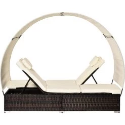 Outsunny Lit De Jardin Modulable Bain De Soleil 2 Places Grand Confort Pare-soleil Amovible Matelas Tétière Crème Résine Tressée 4 Fils Chocolat -Outsunny Soldes Magasin 31121043 5