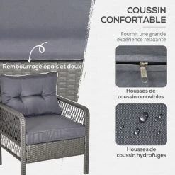 Outsunny Lot De 2 Fauteuils De Jardin Grand Confort Repose-pied Table Basse Résine Tressée Et Filaire Imitation Rotin Coussins Gris - Gris 10 Outsunny Lot De 2 Fauteuils De Jardin Grand Confort Repose-pied Table Basse Résine Tressée Et Filaire Imitation Rotin Coussins Gris - Gris -Outsunny Soldes Magasin 31450288 4