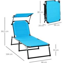 Outsunny Bain De Soleil Transat Pliable Grand Confort Dossier Pare-soleil Réglables Multi-positions Alu. Textilène Bleu -Outsunny Soldes Magasin 31653860 3