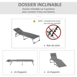 Outsunny Bain De Soleil Transat Pliable Grand Confort Dossier Réglable Multi-position Tétière Alu. Textilène Gris - Gris -Outsunny Soldes Magasin 31653885 5