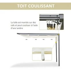 Outsunny Pergola Adossable Retractable Dim. 3L X 3l X 2,3H M Pavillon De Jardin Toile Polyester Haute Densité Crème Structure Métal époxy Gris -Outsunny Soldes Magasin 31653892 5