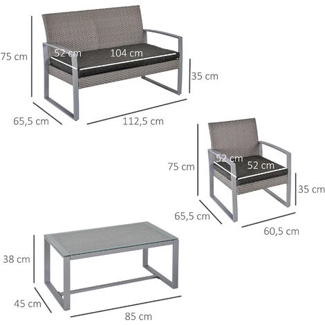 Outsunny Ensemble Salon De Jardin Design Contemporain Style Yachting 4 Places Coussins Inclus Table Basse Métal époxy Résine Tressée Grise - Gris 5 Outsunny Ensemble Salon De Jardin Design Contemporain Style Yachting 4 Places Coussins Inclus Table Basse Métal époxy Résine Tressée Grise - Gris – Image 3