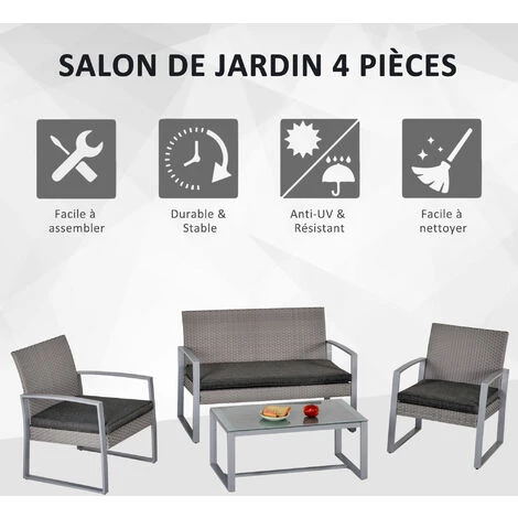 Outsunny Ensemble Salon De Jardin Design Contemporain Style Yachting 4 Places Coussins Inclus Table Basse Métal époxy Résine Tressée Grise - Gris 6 Outsunny Ensemble Salon De Jardin Design Contemporain Style Yachting 4 Places Coussins Inclus Table Basse Métal époxy Résine Tressée Grise - Gris – Image 4