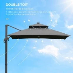 Outsunny Parasol Déporté Rectangulaire Parasol LED Inclinable Pivotant Manivelle Acier Alu. Dim. 3L X 3l X 2,66H M Polyester Gris - Gris -Outsunny Soldes Magasin 31831586 4
