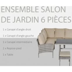 Outsunny Salon De Jardin 6 Pers. Grand Confort Canapé D'angle + 2 Poufs + Table à Manger Coussins Assise & Dossier Fournis Résine Tressée Grise - Gris -Outsunny Soldes Magasin 31832191 4