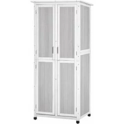 Outsunny Abri De Jardin Armoire De Jardin Sur Pied Dim. 77L X 58l X 175H Cm 2 étagères 2 Portes 3 Crochets Toit Bitumé étanche Bois Pin Pré-huilé Gris Blanc