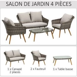 Outsunny Salon De Jardin 4 Places 4 Pièces Design Scandinave Métal époxy Résine Tressée Imitation Rotin Coussins Inclus Gris - Gris -Outsunny Soldes Magasin 32126921 4