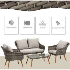 Outsunny Salon De Jardin 4 Places 4 Pièces Design Scandinave Métal époxy Résine Tressée Imitation Rotin Coussins Inclus Gris - Gris -Outsunny Soldes Magasin 32126921 5