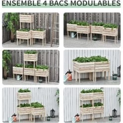 Outsunny Jardinières Sur Pieds Carrés Potagers - Lot De 4 Jardinières Sur Pied Modulables - Dim. 50L X 30l X 60H Cm - Inserts D'irrigation Film Protecteur - Bois Sapin Naturel -Outsunny Soldes Magasin 32585023 4
